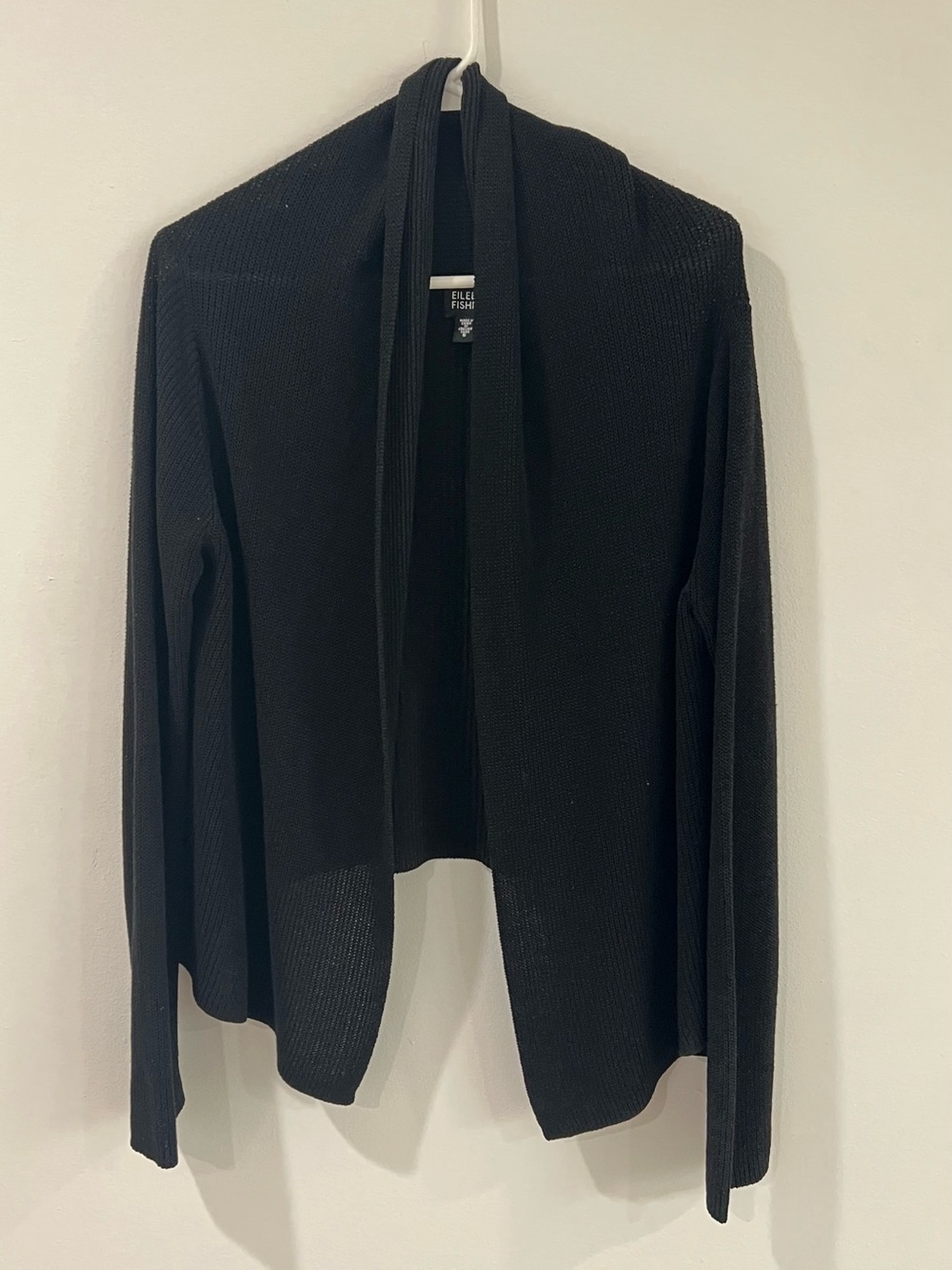 Eileen Fisher Black Open Front Cardigan Minimalist Quiet Luxury Silk Blend
